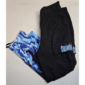 RipNDip Zeta Black w/ Blue Flame Graphic Cargo Pants w/ Leg Cinch Size 30 x 28